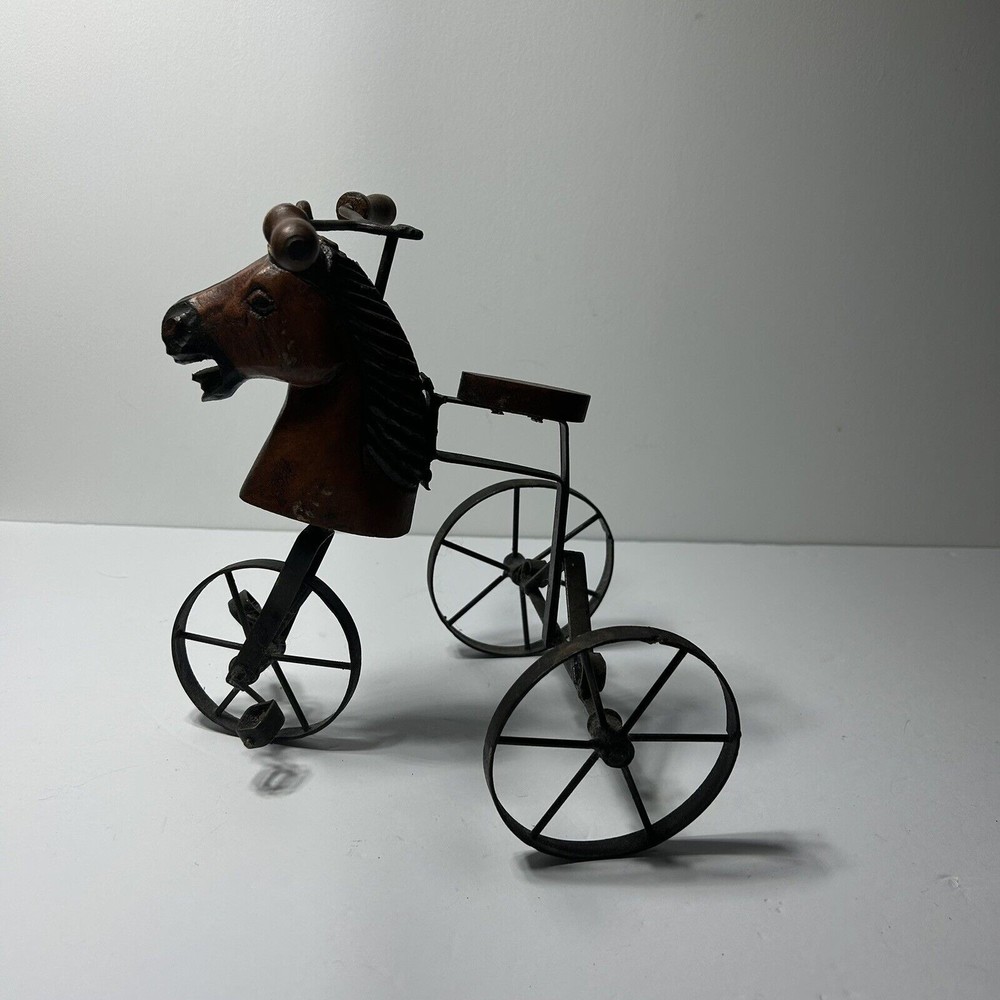 Vintage Hand Made Steel Metal Tricycle With Wood Seat And Horse Doll Size ?